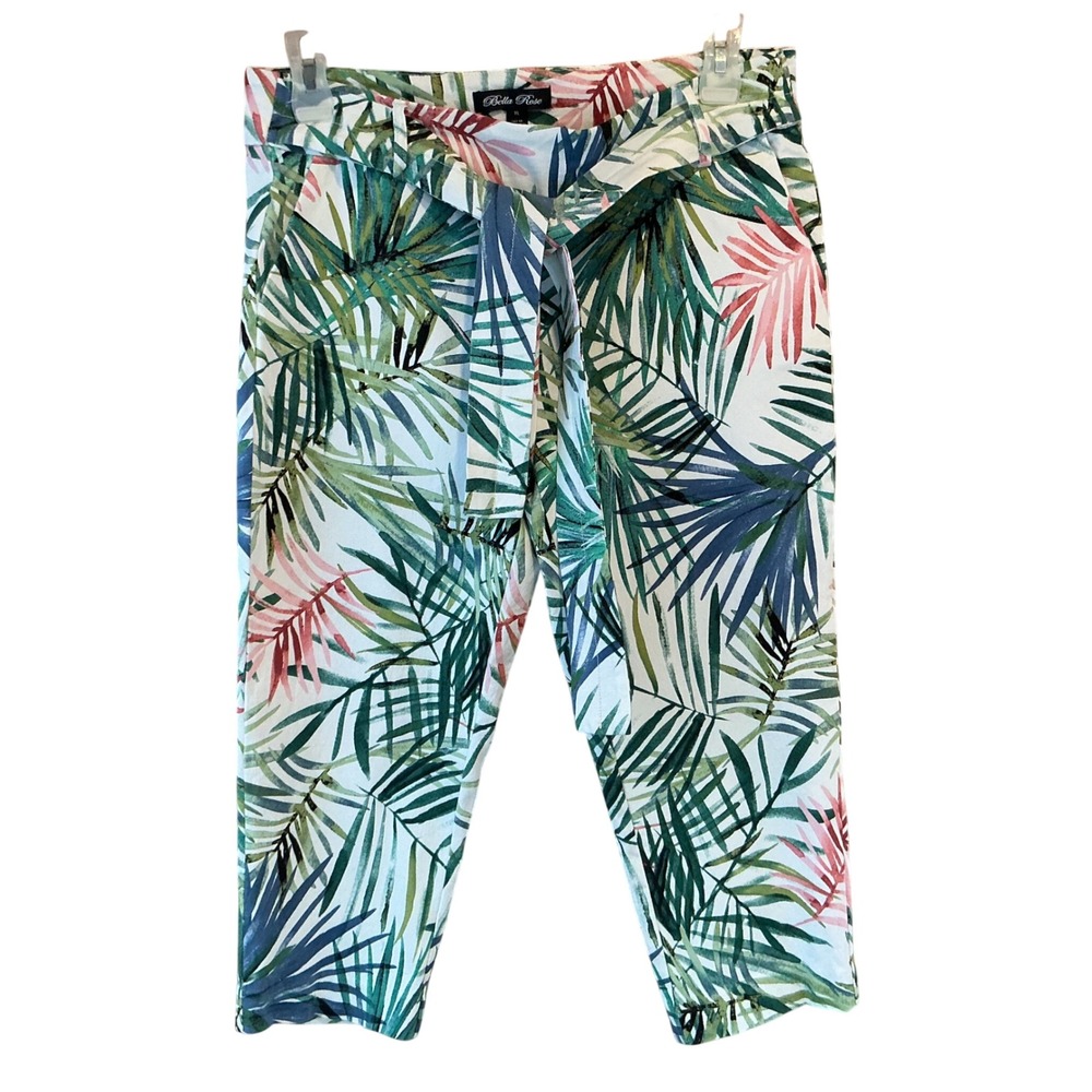 Bella Rose Tropical Palm‎ Leaf tapered Leg Pants Belted XL